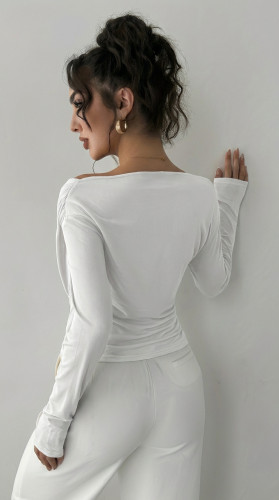 Solid Color Asymmetric Off-Shoulder Long Sleeve Top