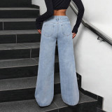 High-Waist Washed Bow-Tie Detail Wide Leg Denim Trousers