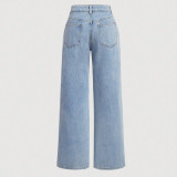 High-Waist Washed Bow-Tie Detail Wide Leg Denim Trousers