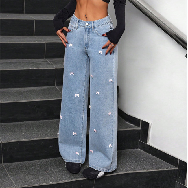 High-Waist Washed Bow-Tie Detail Wide Leg Denim Trousers