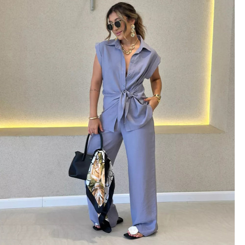 Bow-Tie Corset Blouse & High-Waist Trousers Set