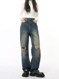Distressed Straight Leg Ripped Denim Jeans