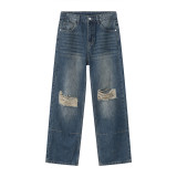 Distressed Straight Leg Ripped Denim Jeans