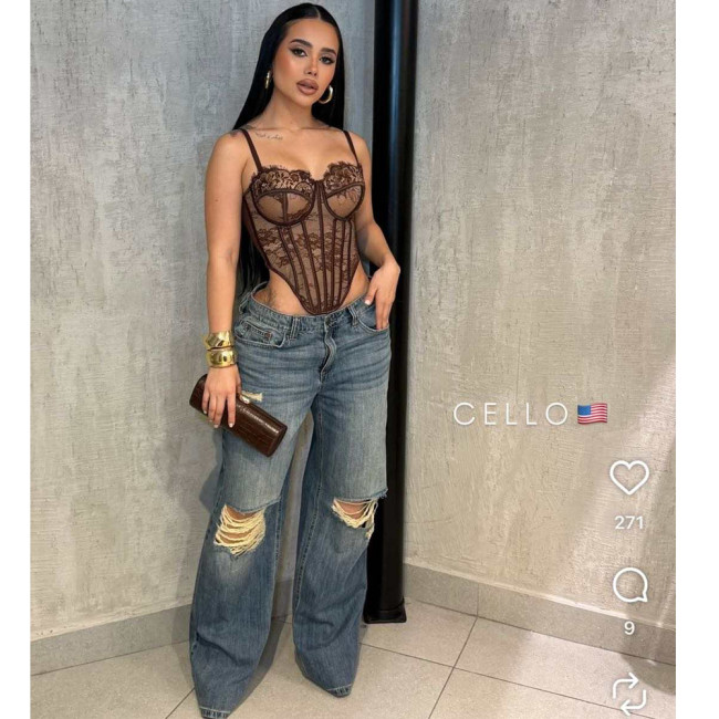 Distressed Straight Leg Ripped Denim Jeans