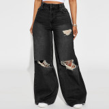 Sand Washed Ripped Wide Leg Hip Hop Denim Jeans