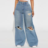 Sand Washed Ripped Wide Leg Hip Hop Denim Jeans