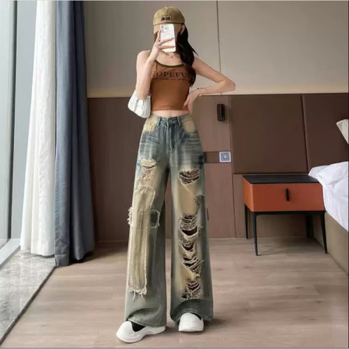 Vintage Distressed  Wide Leg Raw Hem Jeans