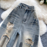Vintage Distressed  Wide Leg Raw Hem Jeans