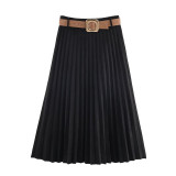 Suede-Effect Pleated Midi Skirt with Belt
