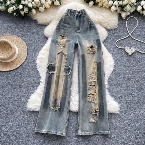 Vintage Distressed  Wide Leg Raw Hem Jeans