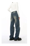 Distressed Straight Leg Ripped Denim Jeans