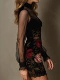 Sexy Lace Trim Floral Print Mesh Overlay Bodycon Mini Dress