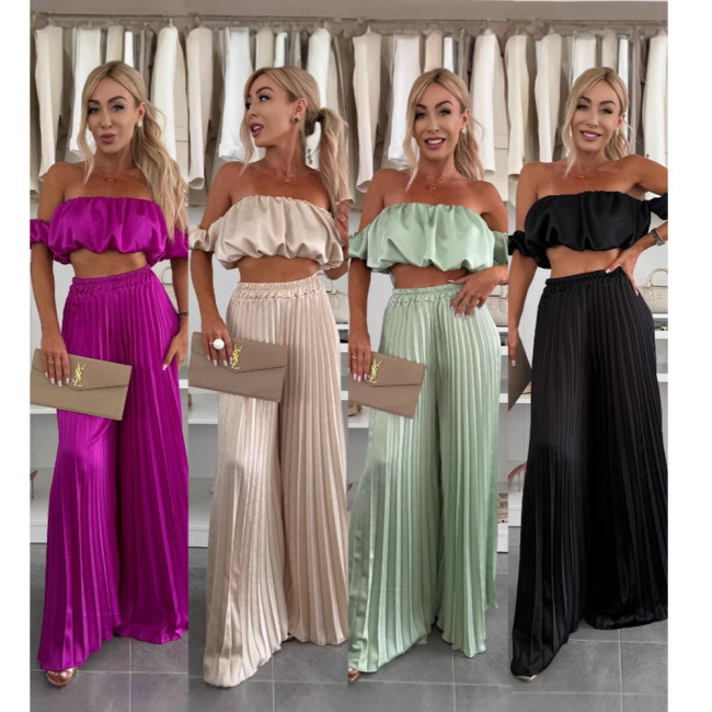 ophisticated Solid Color Tube Top with Pleated Pants Set