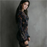 Stylish V-Neck Lace Trim Printed Long Sleeve Bodycon Mini Dress