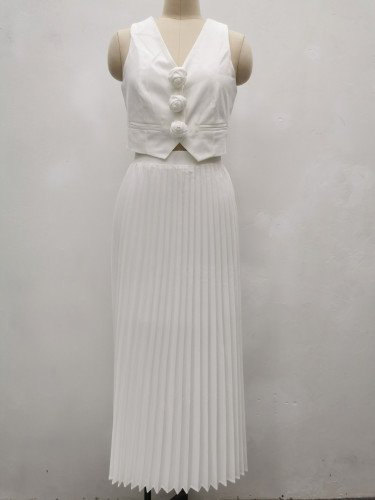 Women's 2 Piece Set | Sleeveless Vest + Pleated Skirt