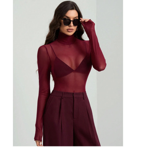 Mock Neck Long Sleeve Slim Fit Mesh Blouse Women