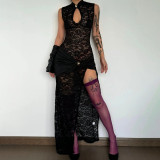 Sexy Lace Hollow-Out High Slit Sleeveless Bodycon Dress