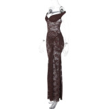Sexy Lace Patchwork Ring Shoulder Backless Bodysuit & Slit Skirt Set