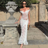 Sexy Lace Patchwork Ring Shoulder Backless Bodysuit & Slit Skirt Set
