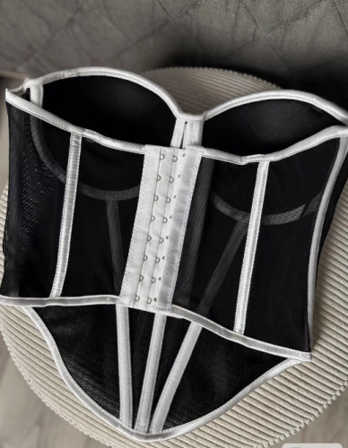 Waist-Cinching Boned Bustier Vest with Sheer Mesh & Contrast Trim