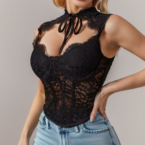 Midnight Reverie Black Lace Boned Corset Top