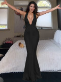 Sexy Hollow-Out U-Neck Backless Bodycon Ruffle Tie Halter Dress