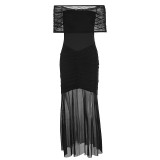 Sexy Solid Color Bodycon Mesh Long Dress