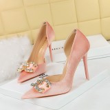Women's Stiletto Heels Pointed Toe Rhinestone Butterfly Bow Suede Pumps