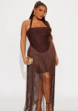 Women's Sexy Strapless Halter Tassel Bodycon Maxi Dress