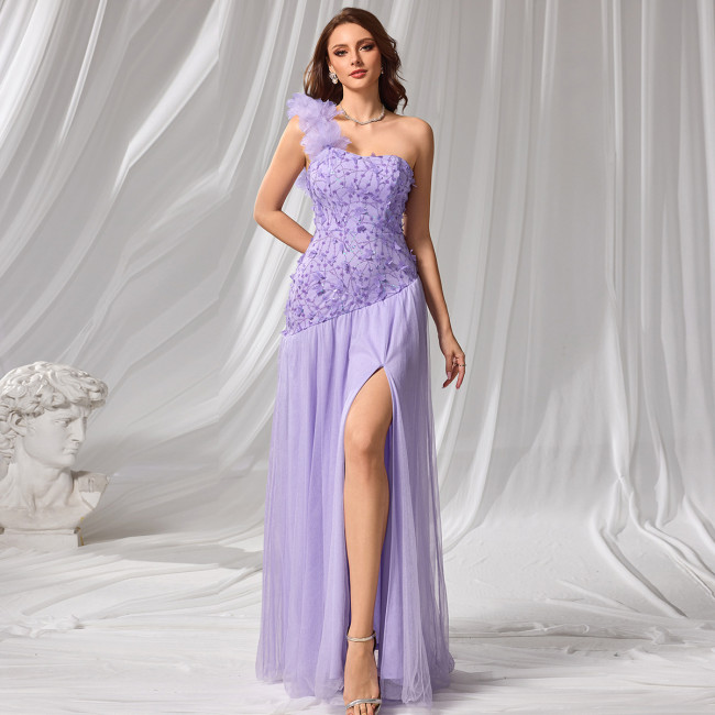 Women's Solid Color Slim Fit Petal Shoulder Wrap Chest Dress