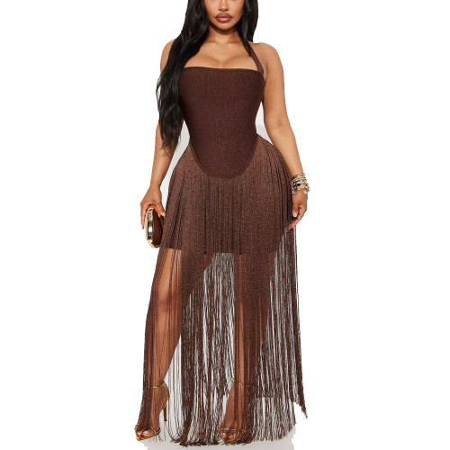 Women's Sexy Strapless Halter Tassel Bodycon Maxi Dress