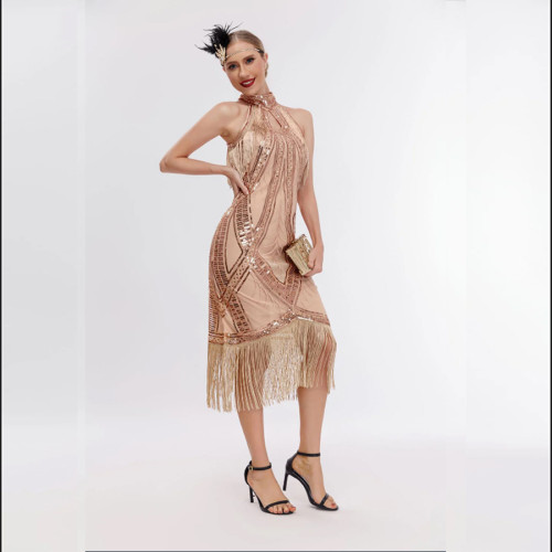 Vintage Sequin Tassel Evening Dress