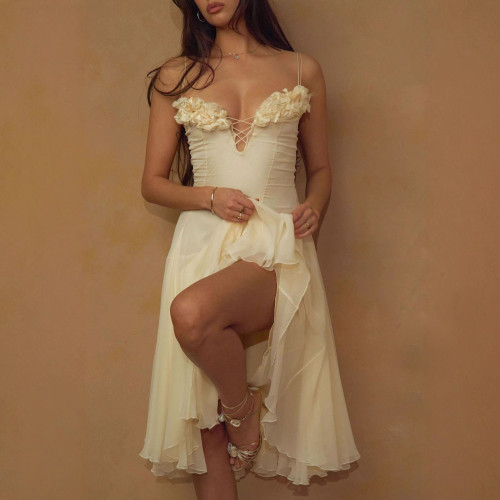 Exclusive 3D Floral Deep V Neck Midi Dress