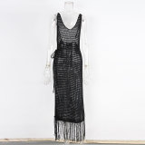 Sexy Hollow Knit Long Beach Dress with Slit & Fringe