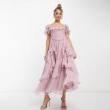 Tiered Ruffle  Cake  Dress with Backless Cut-Outs & Lace Trim