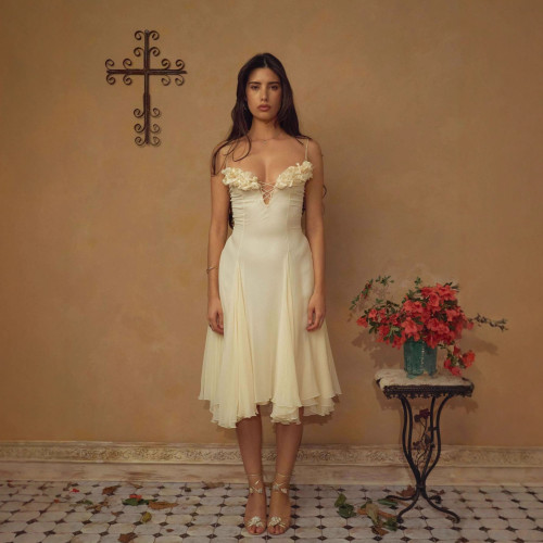 Exclusive 3D Floral Deep V Neck Midi Dress