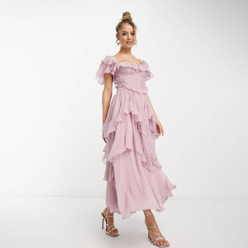 Tiered Ruffle  Cake  Dress with Backless Cut-Outs & Lace Trim