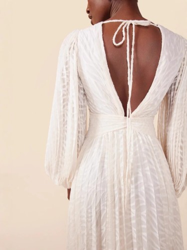 Luxury Lantern Sleeve Jacquard Pleated Maxi Gown