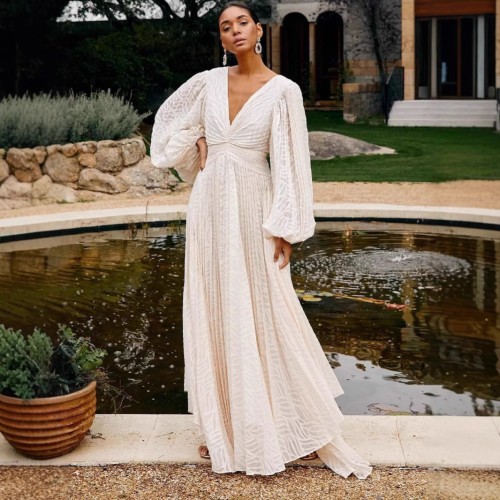 Luxury Lantern Sleeve Jacquard Pleated Maxi Gown