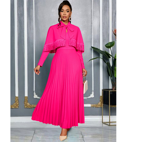 Elegant Bow Fringe Shawl V-Neck Waist-Cinched Pleated Maxi Dress