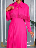 Elegant Bow Fringe Shawl V-Neck Waist-Cinched Pleated Maxi Dress