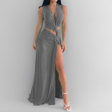 Hollowed Knot Slit V-Neck Sleeveless Pleated Asymmetrical Dress