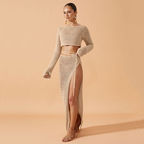 Sexy Long Sleeve Cropped Beach Cover-Up Set