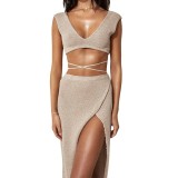Cross-Tie Bandeau Top with Long Skirt Beach Cover-Up Set