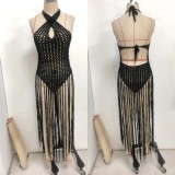 Elegant Cross-Neck Fringed Hem Mesh Hollow-Out Beach Cover-Up