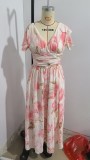 Short Sleeve V-Neck Digital Print Elastic Waist Maxi Dress