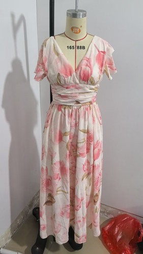 Short Sleeve V-Neck Digital Print Elastic Waist Maxi Dress