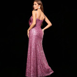 Women Pink Sequin Sexy Split Mermaid Bow Party Evening Dress