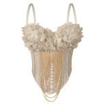 Floral Fringe Strappy Bustier with Open Back & Boning