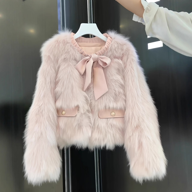 Bow-Tie Fringed Faux Fur Jacket
